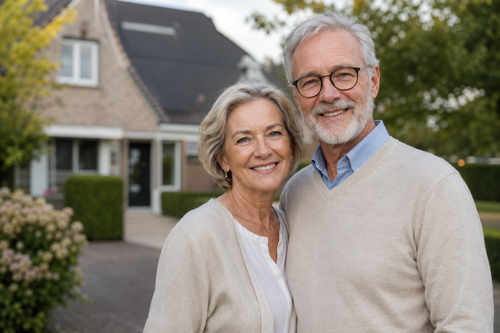 Senioren poseren voor een huis